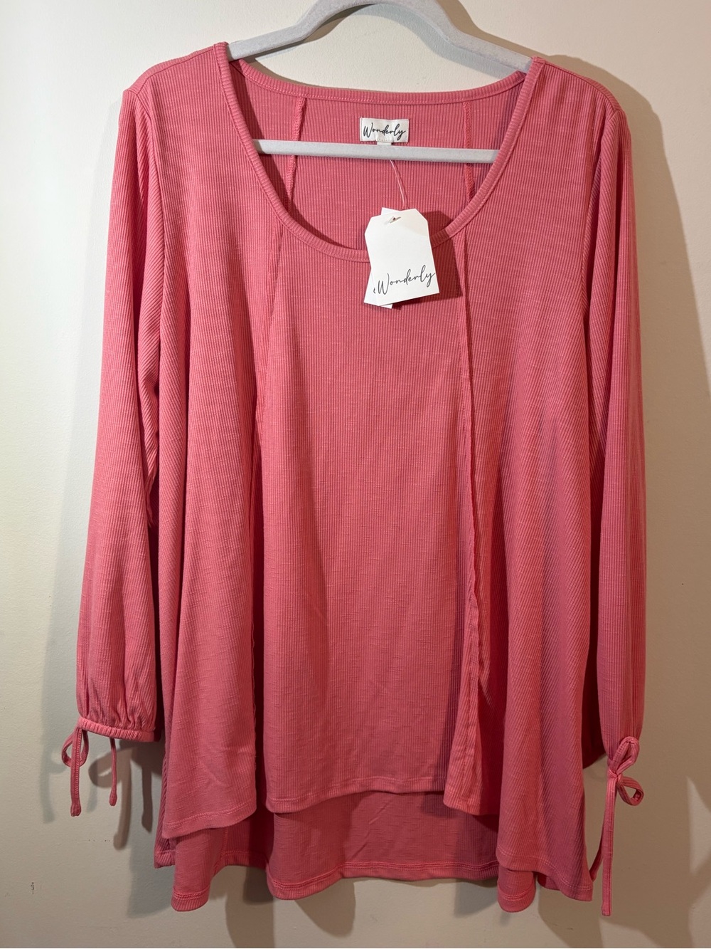 Wonderly blouse Women's XL pink Tie Sleeve Pullover ribbed‎ scoop neckline